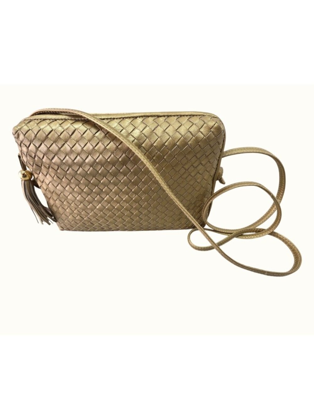 Ganson 80s Gold Woven Leather Crossbody Bag Clutch Purse Tassel Zip Close